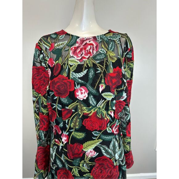 NWT TERI JON Floral-embroidered Illusion Midi-dress In Black Multi US18 $650 - Picture 6 of 11